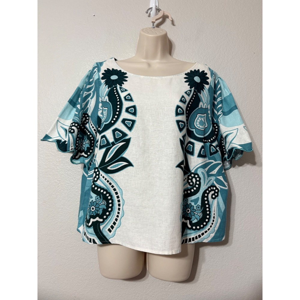 Calligraphie Womens Linen Blend Teal Cream Paisley Floral Flutter Sleeve Top L